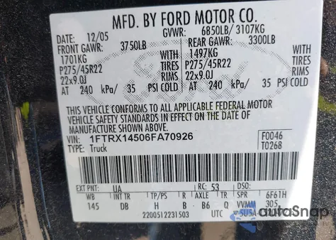 2006 Ford F-150 Fx4/Lariat/Xl/Xlt from USA, damaged, VIN 1FTRX14506FA70926